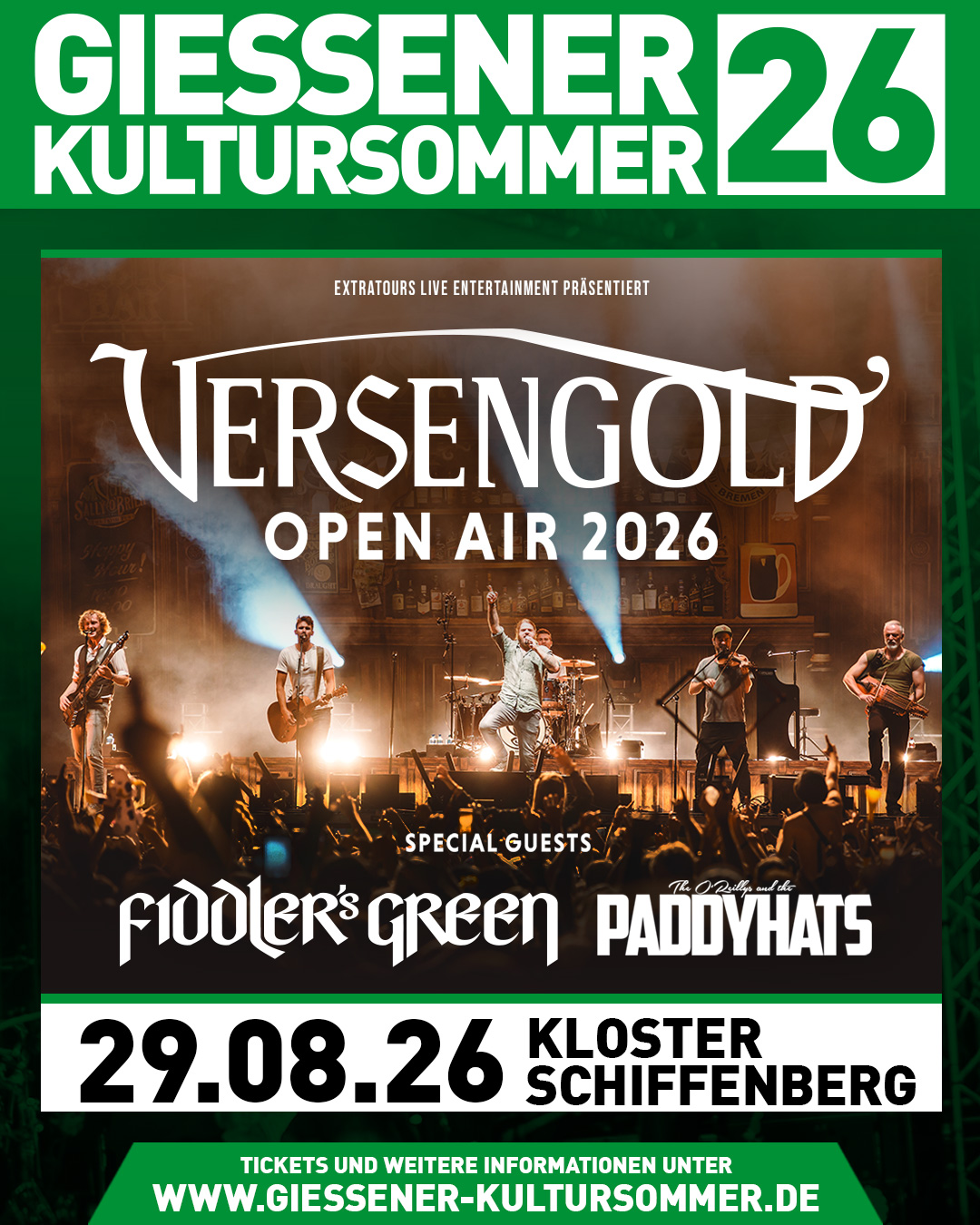 🔥 Der nächste Termin für den Gießener Kultursommer 2026 steht fest! 🔥
Am 29. August 2026 kommt Versengold auf den Schiffenberg – und sie kommen nicht allein:
Mit Fiddler’s Green und The O’Reillys and the Paddyhats teilen sich gleich drei der beliebtesten Folk-Acts des Landes unsere Bühne.
Drei Bands, ein Abend, volle Ladung Folk, Rock und Irish-Punk – das wird laut, leidenschaftlich und garantiert unvergesslich.
🎟 Der Vorverkauf startet morgen um 10:00 Uhr – mit einer limitierten Early-Bird-Phase!
Die ersten 500 Tickets gibt’s zum vergünstigten Preis – also stellt euch den Wecker und sichert euch euer Ticket!