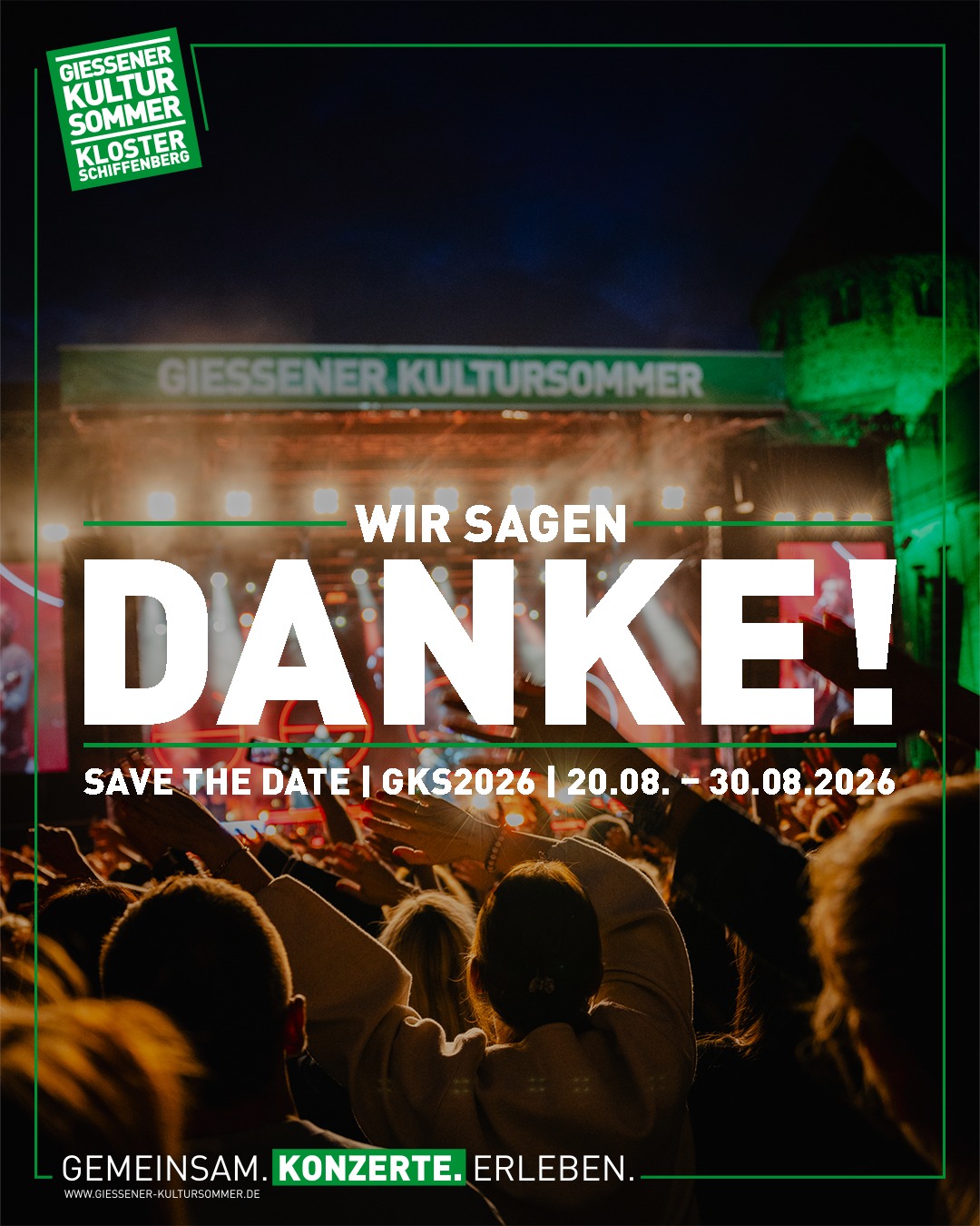 Der Kultursommer 2025 war so ein großartiges Erlebnis für uns 🤩🙌! Wir möchten uns ganz herzlich bei unserem wundervollen Team bedanken, das über die ganze GKS-Zeit ohne Ende Einsatz gezeigt hat (mit viel Herzblut und meistens einem Lächeln im Gesicht 🙏😉). Vor allem aber gilt unser alles Dank EUCH, unserem Publikum ❤️! Ihr seid der HAMMER – VIELEN, VIELEN DANK 🙏🙏🙏! Mit @nena_official, @wincentweiss und @versengold_band haben wir bereits die ersten Acts für 2026 bekannt gegeben. Wir arbeiten weiter mit Turbo am Programm fürs nächste Jahr und werden Euch sobald als möglich mit weiteren News versorgen. Wir sehen uns nächstes Jahr vom 20.8. bis 30.8.2026!
Liebe Grüße, Eure GKS-Crew