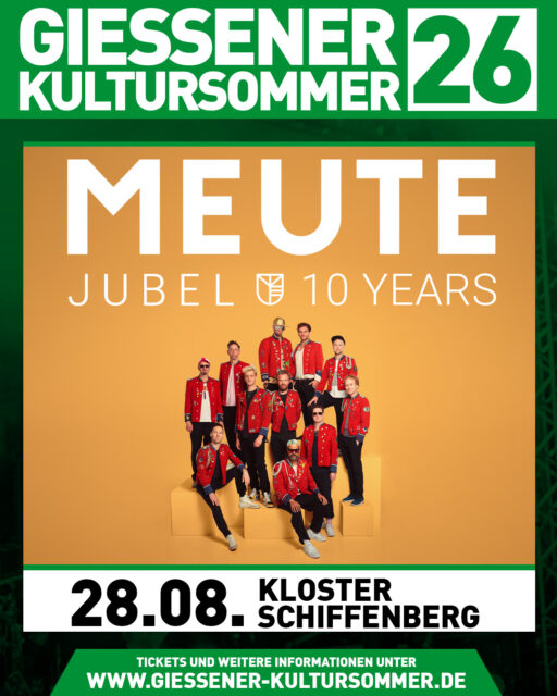 🚨 Der nächste Act für den Gießener Kultursommer 2026 steht fest: MEUTE kommt! 🎺🥁

Am 28. August 2026 verwandelt die Hamburger Techno Marching Band MEUTE den Schiffenberg in ein Meer aus Beats, Brass und purer Euphorie.

Elf Musiker in roten Uniformen, Trompeten, Posaunen und Drums – und eine Energie, die man sonst nur in den Clubs dieser Welt spürt: roh, hypnotisch, absolut tanzbar. Seit zehn Jahren sorgt MEUTE weltweit für Aufsehen – von Coachella bis Fusion, über 600 Shows in 30 Ländern.

Zum Jubiläum bringt die Band ihre „JUBEL – 10 YEARS“-Tour nach Gießen – und macht den Klosterhof zum Dancefloor.

🎟 Tickets gibt es ab morgen 10 Uhr an allen VVK Stellen und über unsere Webseite.

#meute #techno #brass #giessenerkultursommer #klosterschiffenberg #openair