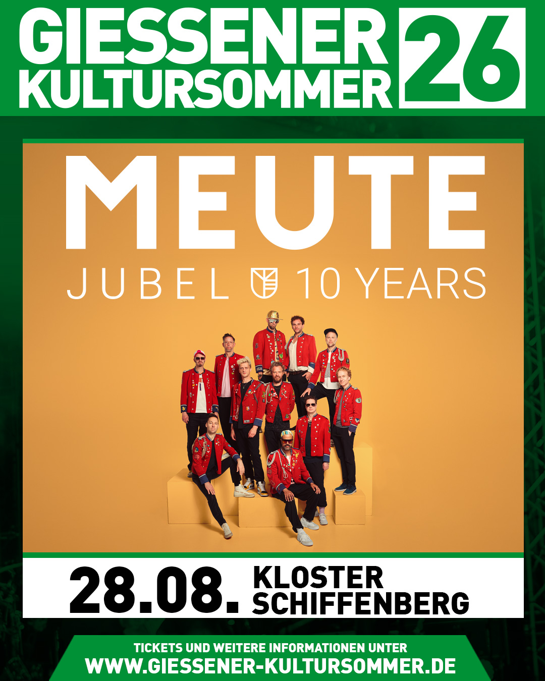 🚨 Der nächste Act für den Gießener Kultursommer 2026 steht fest: MEUTE kommt! 🎺🥁

Am 28. August 2026 verwandelt die Hamburger Techno Marching Band MEUTE den Schiffenberg in ein Meer aus Beats, Brass und purer Euphorie.

Elf Musiker in roten Uniformen, Trompeten, Posaunen und Drums – und eine Energie, die man sonst nur in den Clubs dieser Welt spürt: roh, hypnotisch, absolut tanzbar. Seit zehn Jahren sorgt MEUTE weltweit für Aufsehen – von Coachella bis Fusion, über 600 Shows in 30 Ländern.

Zum Jubiläum bringt die Band ihre „JUBEL – 10 YEARS“-Tour nach Gießen – und macht den Klosterhof zum Dancefloor.

🎟 Tickets gibt es ab morgen 10 Uhr an allen VVK Stellen und über unsere Webseite.

#meute #techno #brass #giessenerkultursommer #klosterschiffenberg #openair