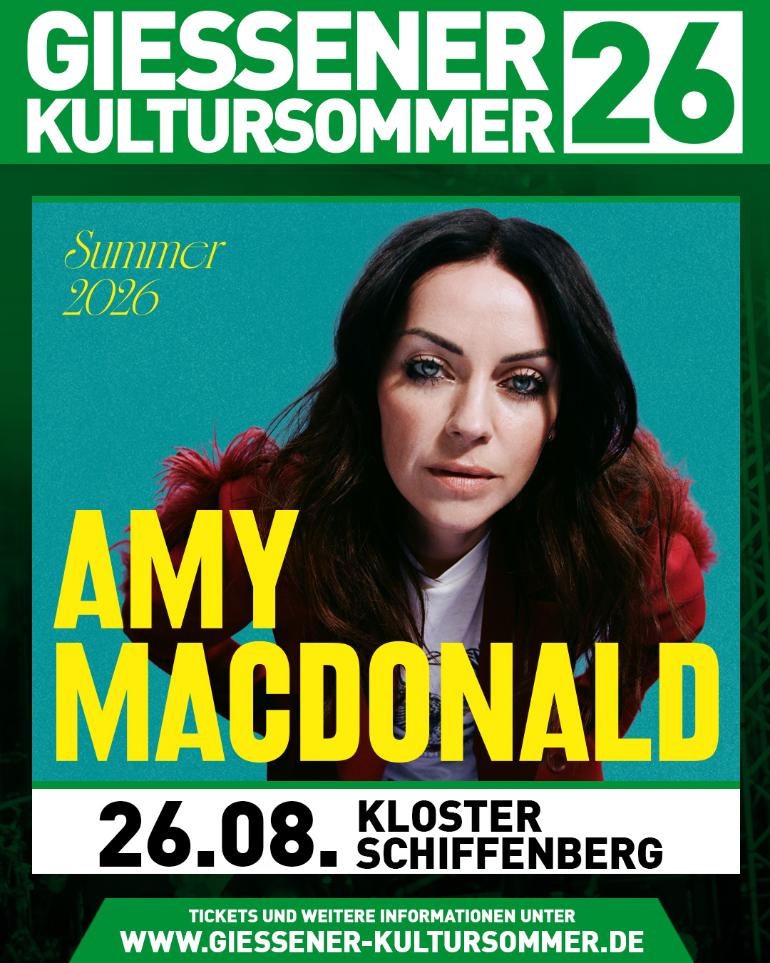 Der nächste Act für den Gießener Kultursommer 2026 steht fest: Amy Macdonald kommt auf den Schiffenberg! 🇬🇧

Am Mittwoch, 26. August 2026, gastiert die schottische Singer/Songwriterin Amy Macdonald zu uns ins Kloster Schiffenberg. Mit ihrer markanten Stimme und Hits wie This Is The Life, Mr. Rock & Roll oder Dream On zählt sie zu den erfolgreichsten Popkünstlerinnen Europas. 

Nach ihrer Frühjahrstour zum neuen Album Is This What You’ve Been Waiting For? präsentiert sie beim Gießener Kultursommer ein emotionales Open-Air voller Energie, großer Songs und Gänsehautmomente.

🎟️ Tickets gibt’s ab morgen um 11 Uhr an allen VVK Stellen und Online über unsere Webseite.