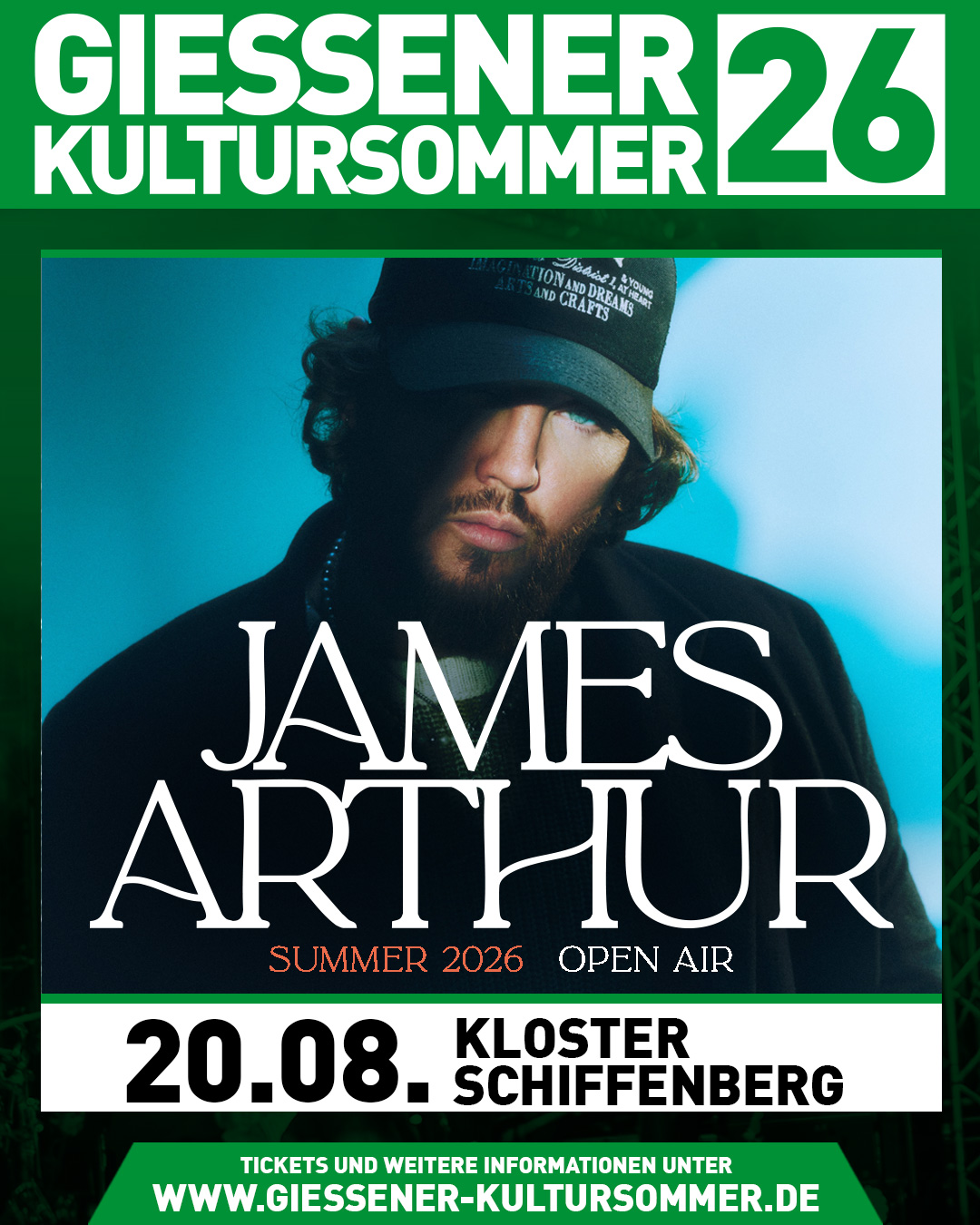 Wir freuen uns riesig: Weltstar James Arthur kommt am 20. August 2026 zum Gießener Kultursommer!
Der britische Ausnahmekünstler zählt mit über 38 Mio. monatlichen Hörern, 11 Platin-Singles und Milliarden Streams zu den erfolgreichsten Pop- und Soul-Stimmen Europas.
Mit Songs wie „Impossible“, „Naked“ und dem globalen Megahit „Say You Won’t Let Go“ hat er weltweit die Charts geprägt. Sein aktuelles #1-Album Bitter Sweet Love führte ihn zuletzt durch ausverkaufte Arenen in ganz Europa – und jetzt kommt diese Stimme ins einmalige Open-Air-Ambiente des Kloster Schiffenberg.
Tickets gibt es ab sofort an allen VVK Stellen und Online über unsere Webseite!