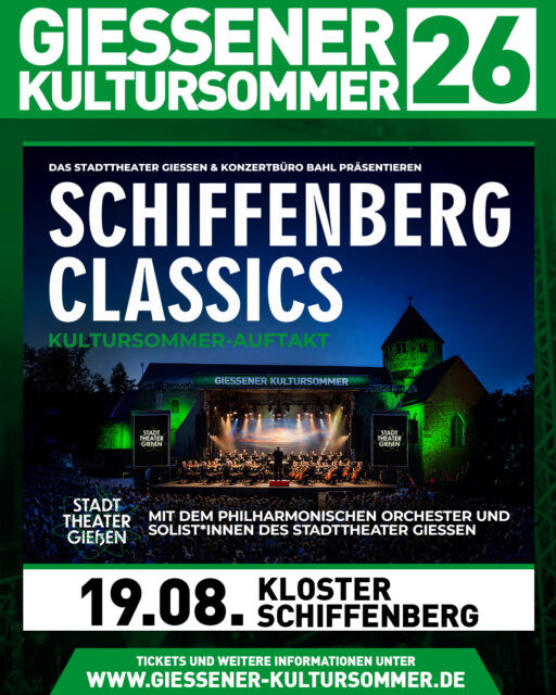 🎻 Schiffenberg Classics – Der Kultursommer startet mit Gänsehaut! 🎶
Am 19. August 2026 eröffnet das Philharmonische Orchester des Stadttheaters Gießen den Gießener Kultursommer – und das mit einem ganz besonderen Abend:
Im einzigartigen Ambiente des Kloster Schiffenbergs erwartet euch ein Open Air voller musikalischer Höhepunkte: von mitreißender Oper über beliebte Klassik-Hits bis hin zu legendärer Filmmusik. ✨
Ob „Carmen“, „Fledermaus“ oder „You’ll Never Walk Alone“ – dieser Abend trifft mitten ins Herz. Große Orchesterbesetzung, fein nuancierte Klänge und ein unvergleichlicher Sommerabend unter freiem Himmel. Moderiert wird der Abend von Stefan Frech (Night of the Proms) 🌅🎼
🎟 Tickets für dieses musikalische Highlight gibt es ab morgen 10 Uhr im Haus der Karten sowie online über unsere Webseite