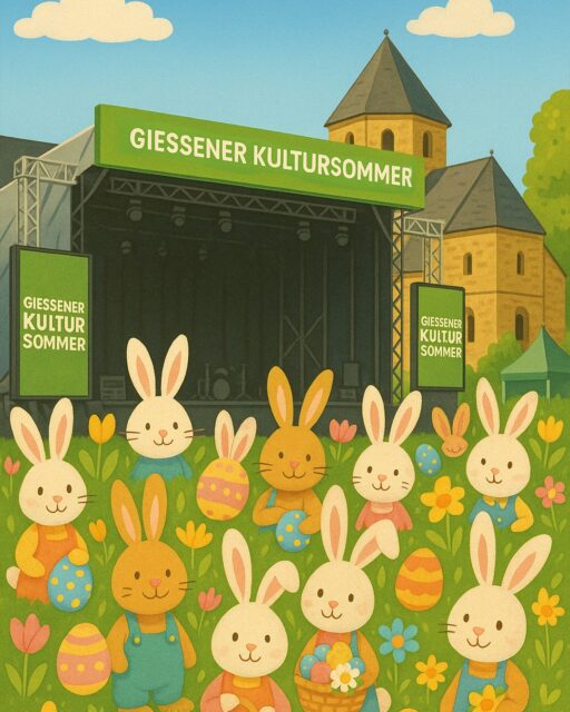 🌸🐣 Frohe Ostern wünscht das Team vom Gießener Kultursommer! 🐰🌞
Wir hoffen, ihr genießt die Feiertage mit euren Liebsten – vielleicht ja schon bei den ersten Sonnenstrahlen, bunten Eiern und jeder Menge Schoki!
Der Countdown zum Open Air Sommer läuft – wir freuen uns jetzt schon riesig, bald mit euch unter freiem Himmel zu feiern!